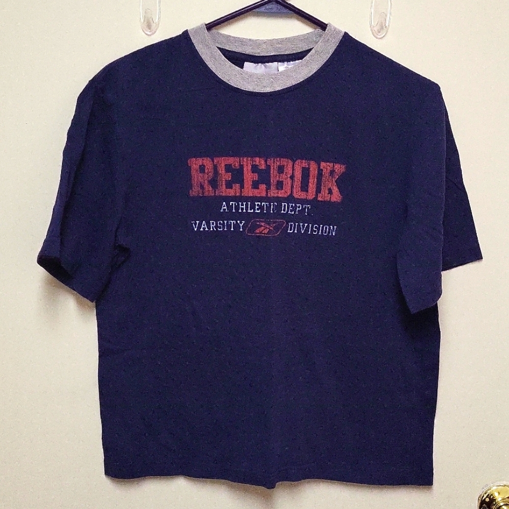 Vintage Reebok Navy Blue Crewneck T-shirt with Red and White Writing